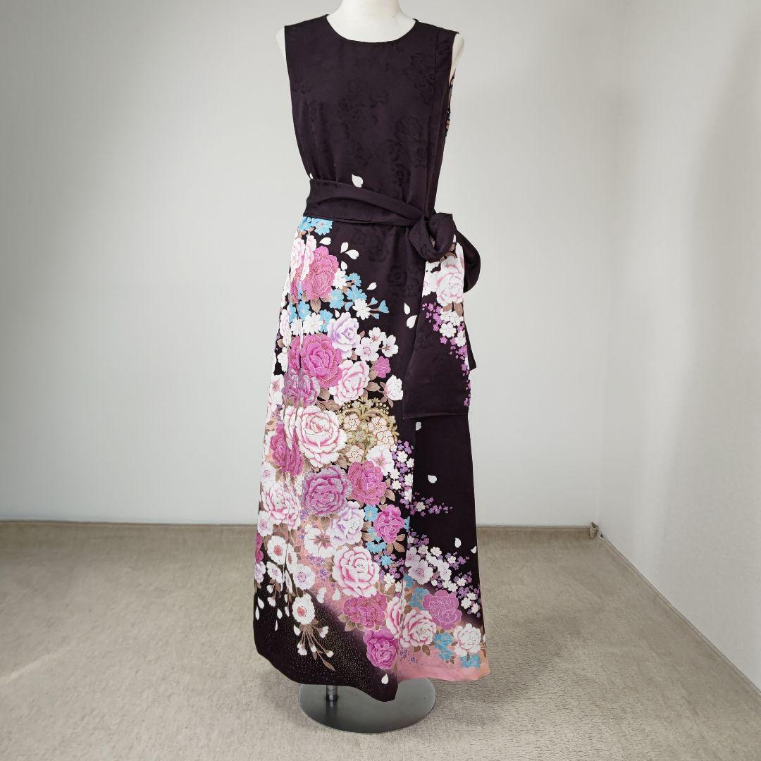 振袖ドレス トールサイズ ノースリーブ 着物リメイク 黒紫