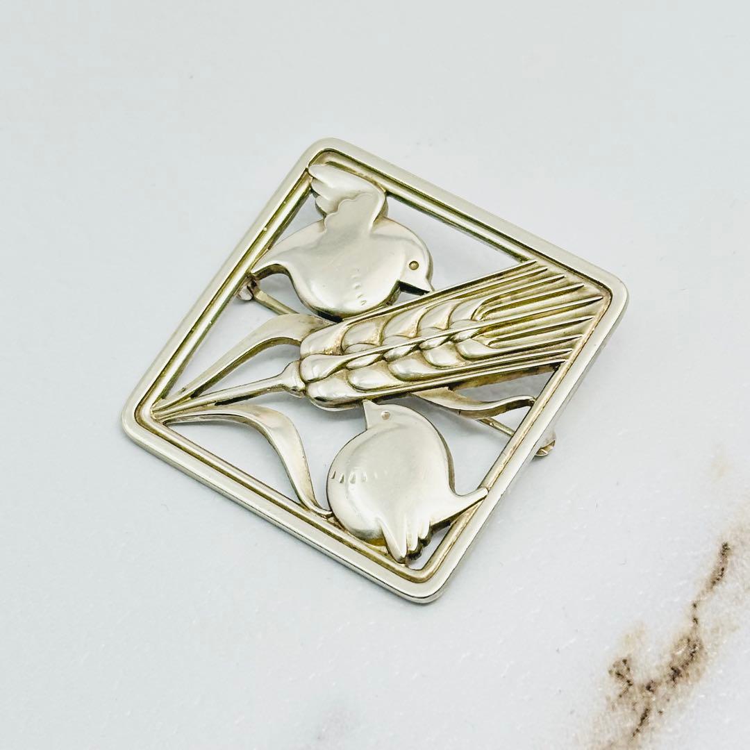   250 シルバーブローチ　スクエア　バード　小鳥　麦