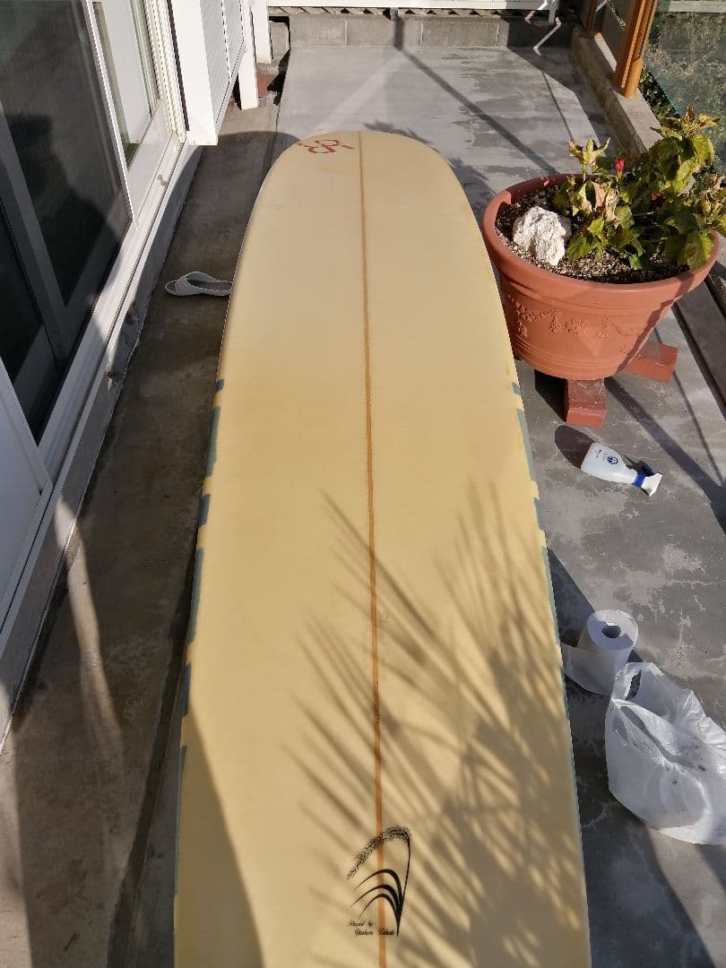 ロングボード クリーム色 青ストライプ 9.2フィート