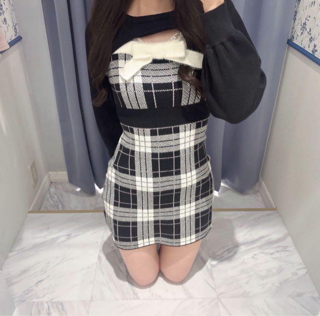 ♡evelyn バストリボンチェックニットOP ブラック 新品未使用♡