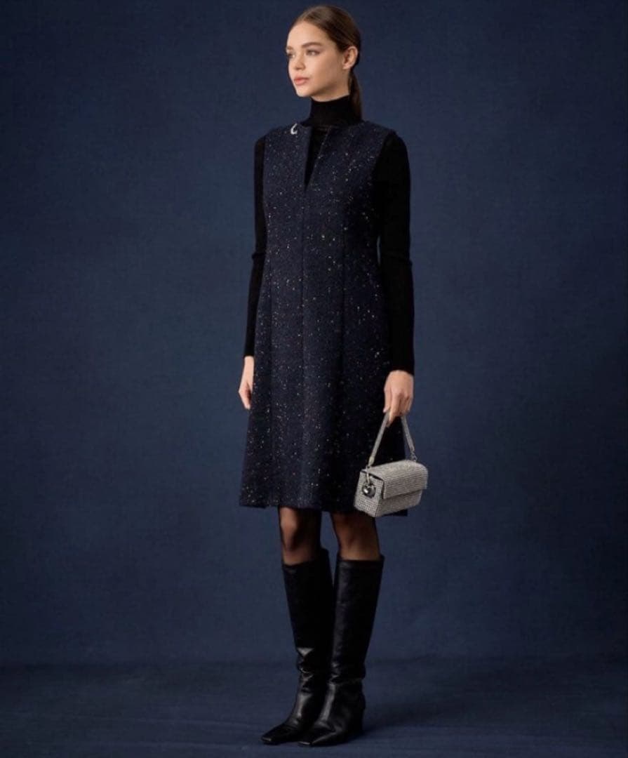 アナイ　コズミックツイードジャンパースカート　濃紺　黒　36