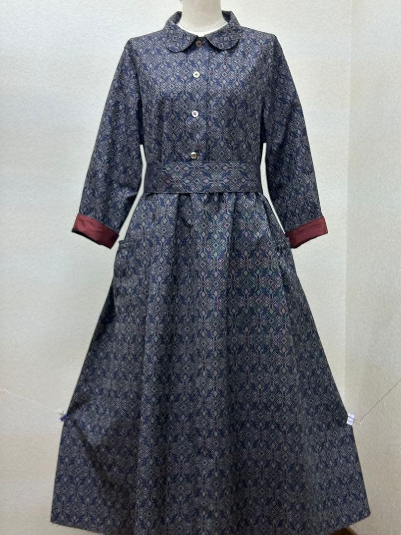 着物リメイク　紬ワンピース　前ボタン　 Lサイズ