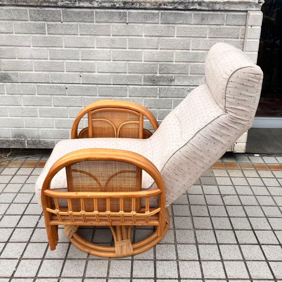 昭和レトロ 回転式ラタンリクライニングチェア アームチェア ヴィンテージ 籐家具