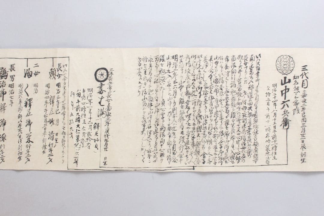 No4446 古文書　山中家　家系図　抱き柊紋　手書き　紙本　巻子装　送料無料