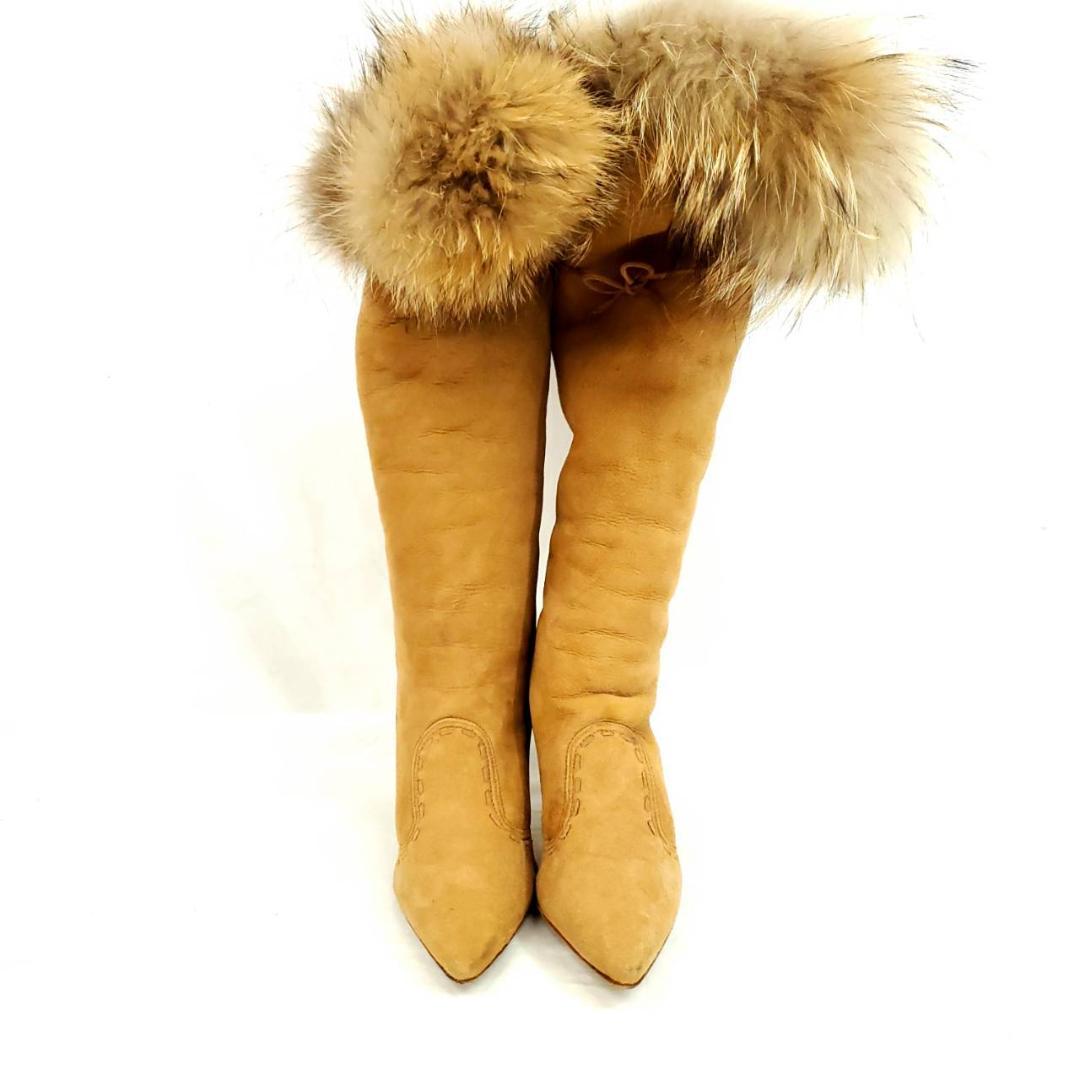 ★マノロブラニク　ロングブーツ　ステッチ　ブラウン　ラビットファー×スエード