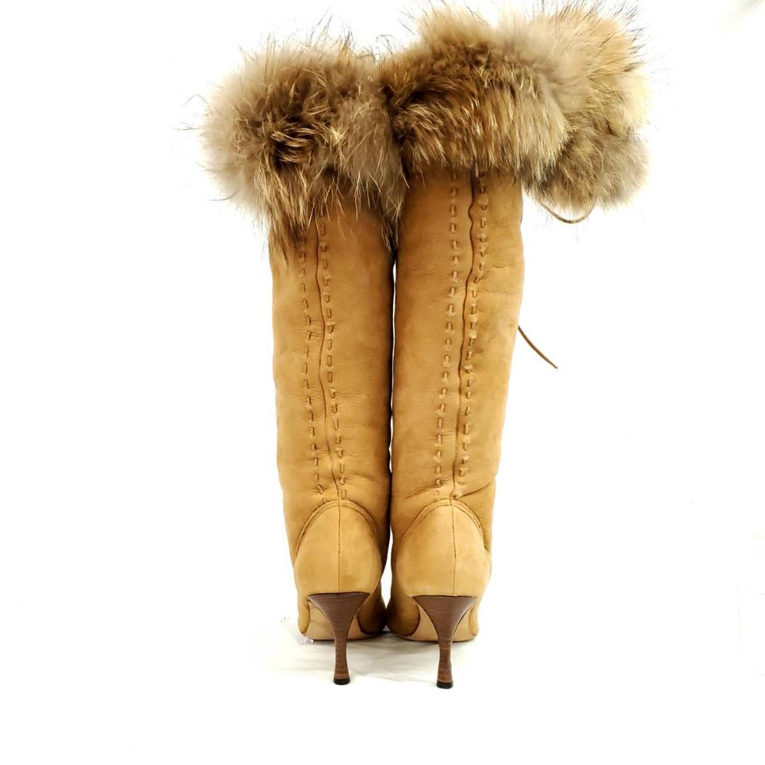 ★マノロブラニク　ロングブーツ　ステッチ　ブラウン　ラビットファー×スエード