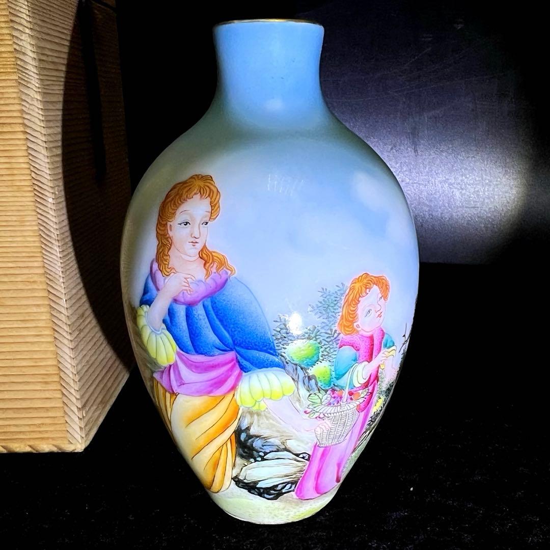 中国清時代　乾隆年製粉彩西洋人物花入　木箱付　高約13㎝　東Y8-0128☆2F