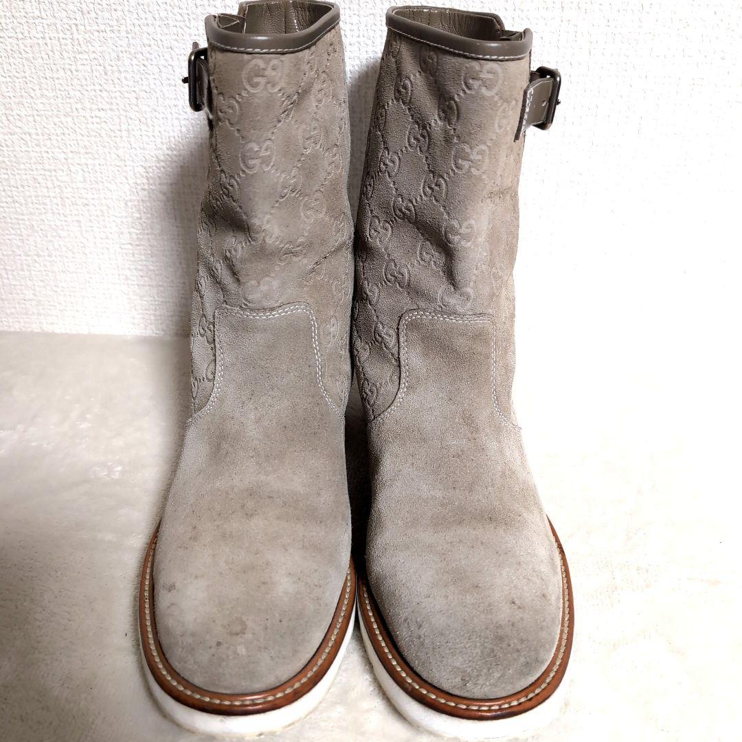 eo17 GUCCI スエード GG ブーツ ベージュ バックル付き 38.5