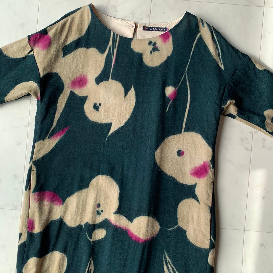 美品 パラスパレス 花柄ワンピース ウールワンピース ダークグリーン 日本製