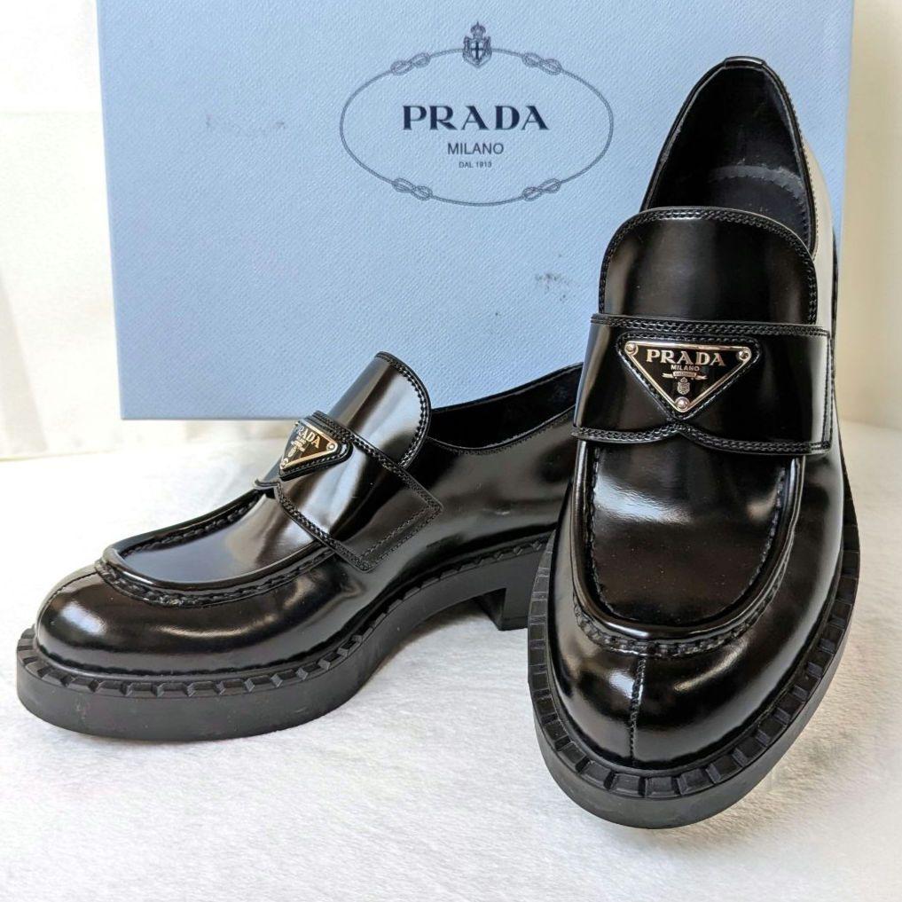プラダ ローファー チョコレート ブラッシュド レザー 三角ロゴ 黒 24.5