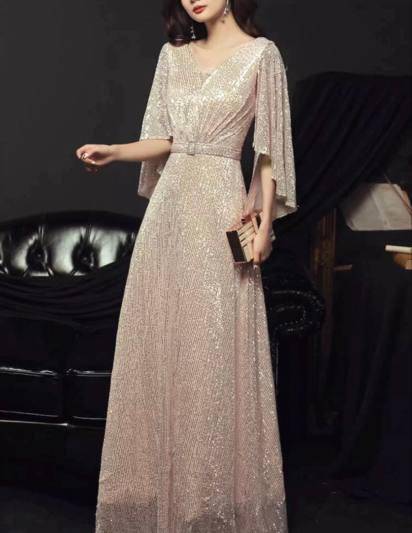 フレアスリーブのVネックスパンコール イブニングドレス