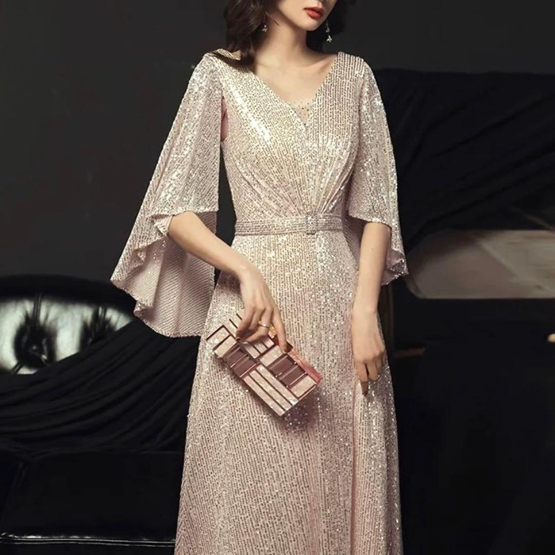 フレアスリーブのVネックスパンコール イブニングドレス