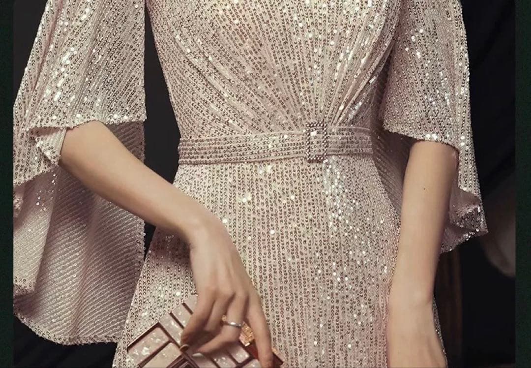 フレアスリーブのVネックスパンコール イブニングドレス