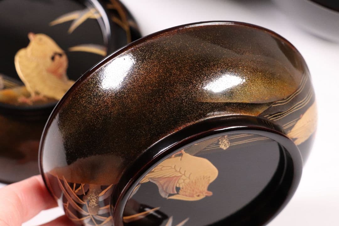 CL85 能登輪島塗 鴛鴦金蒔絵 見返梅 黒塗椀 二客 天然木 梨地 研出 花鳥