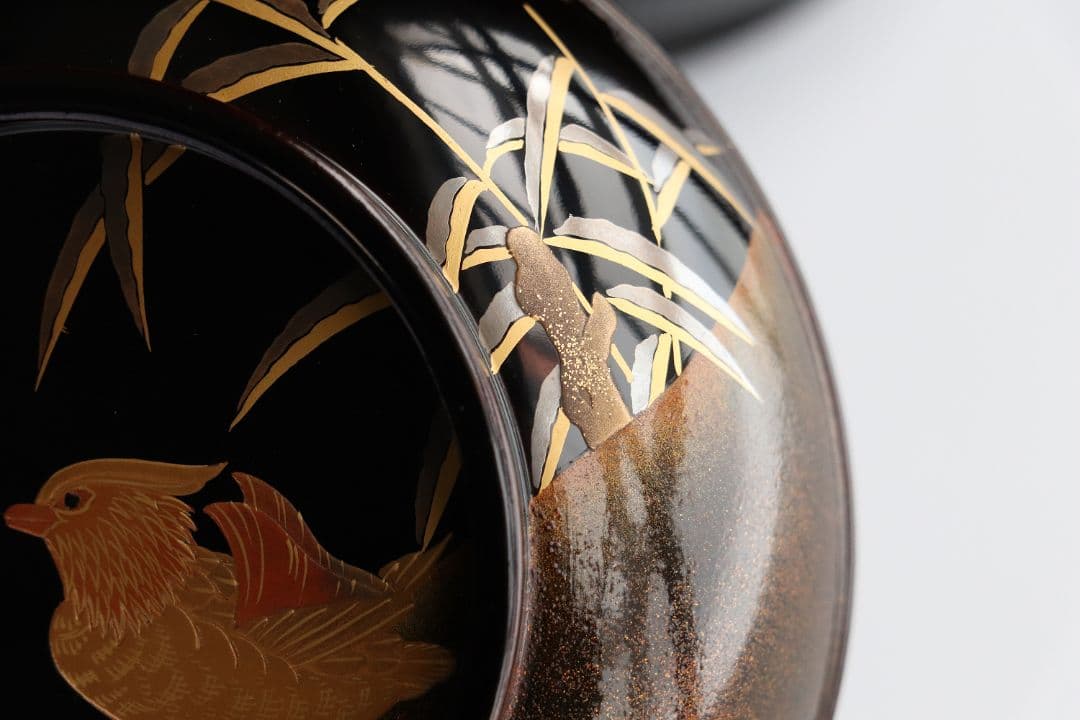 CL85 能登輪島塗 鴛鴦金蒔絵 見返梅 黒塗椀 二客 天然木 梨地 研出 花鳥