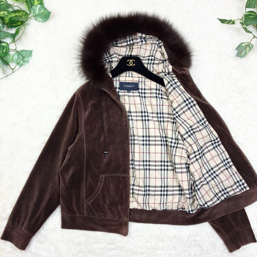 バーバリーロンドン　ベロア　ジップアップパーカー　ノバチェック　XL　ブラウン
