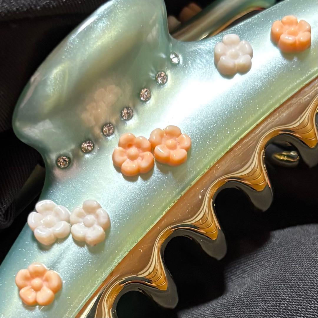 acca ヘアクリップ　フラワーラインストーングリーン 大