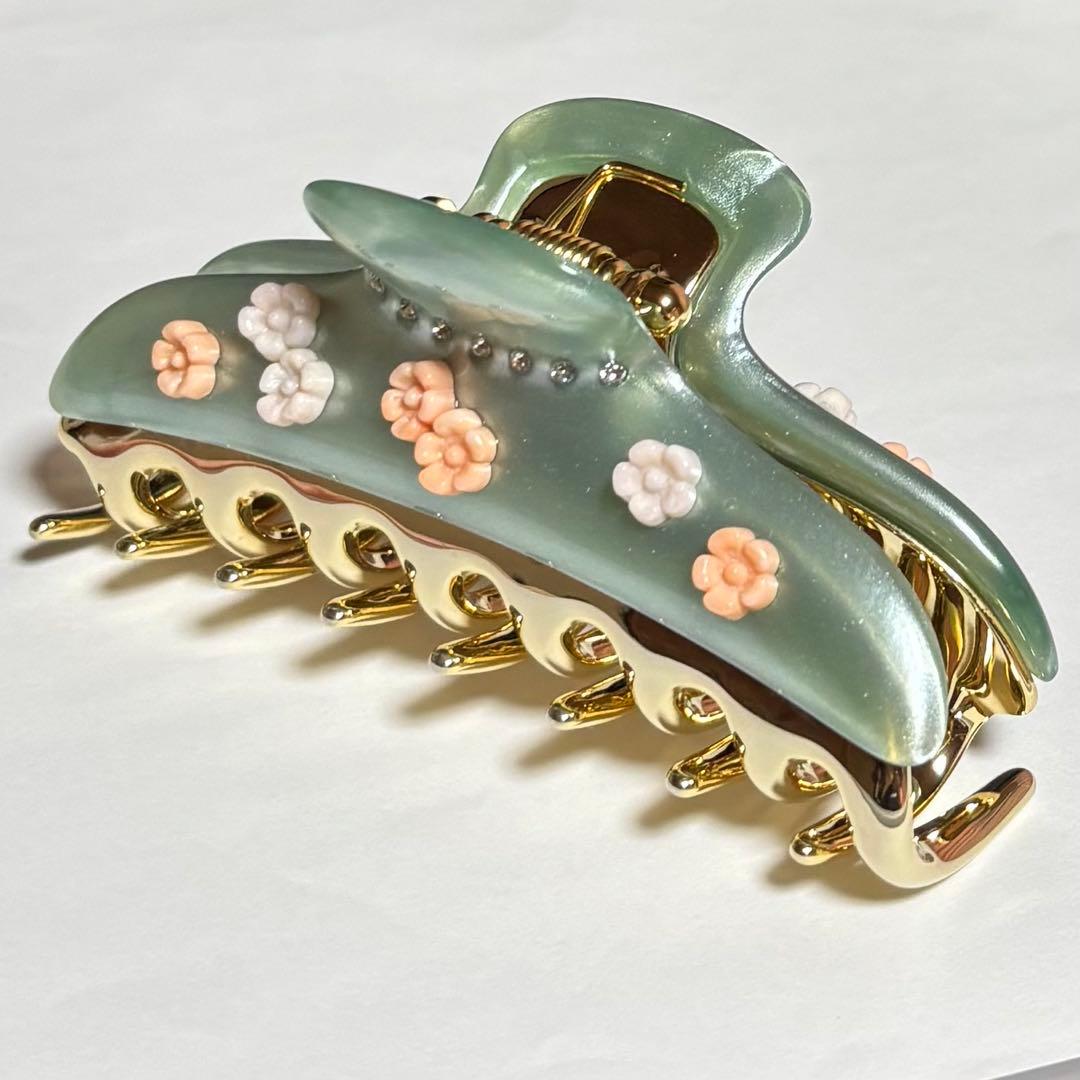 acca ヘアクリップ　フラワーラインストーングリーン 大