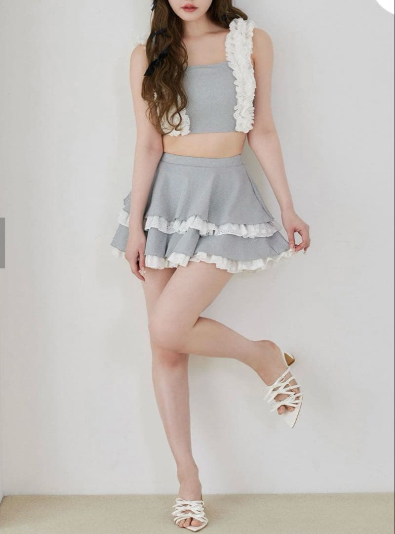 フリル付きグレーセパレート水着　swimwear/綿レースフリル(3点セット)