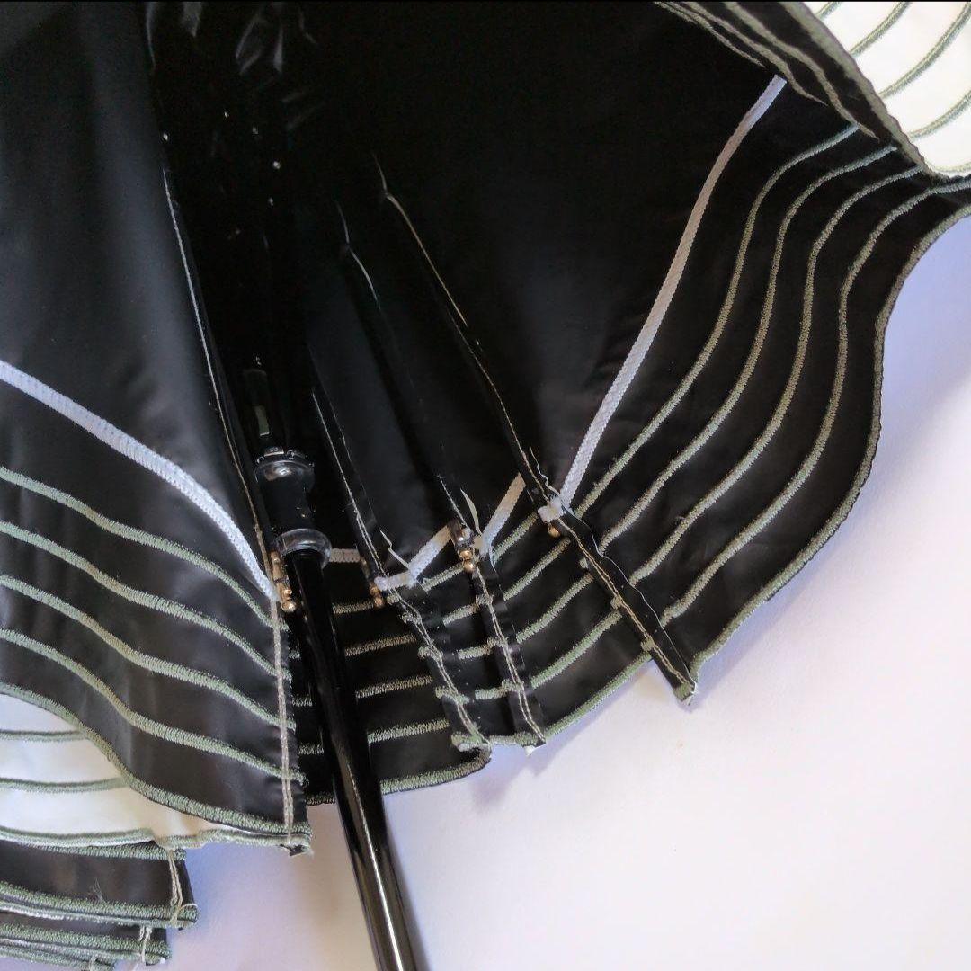 ビューランス　白×グリーンストライプ　フリル　折りたたみ晴雨兼用傘