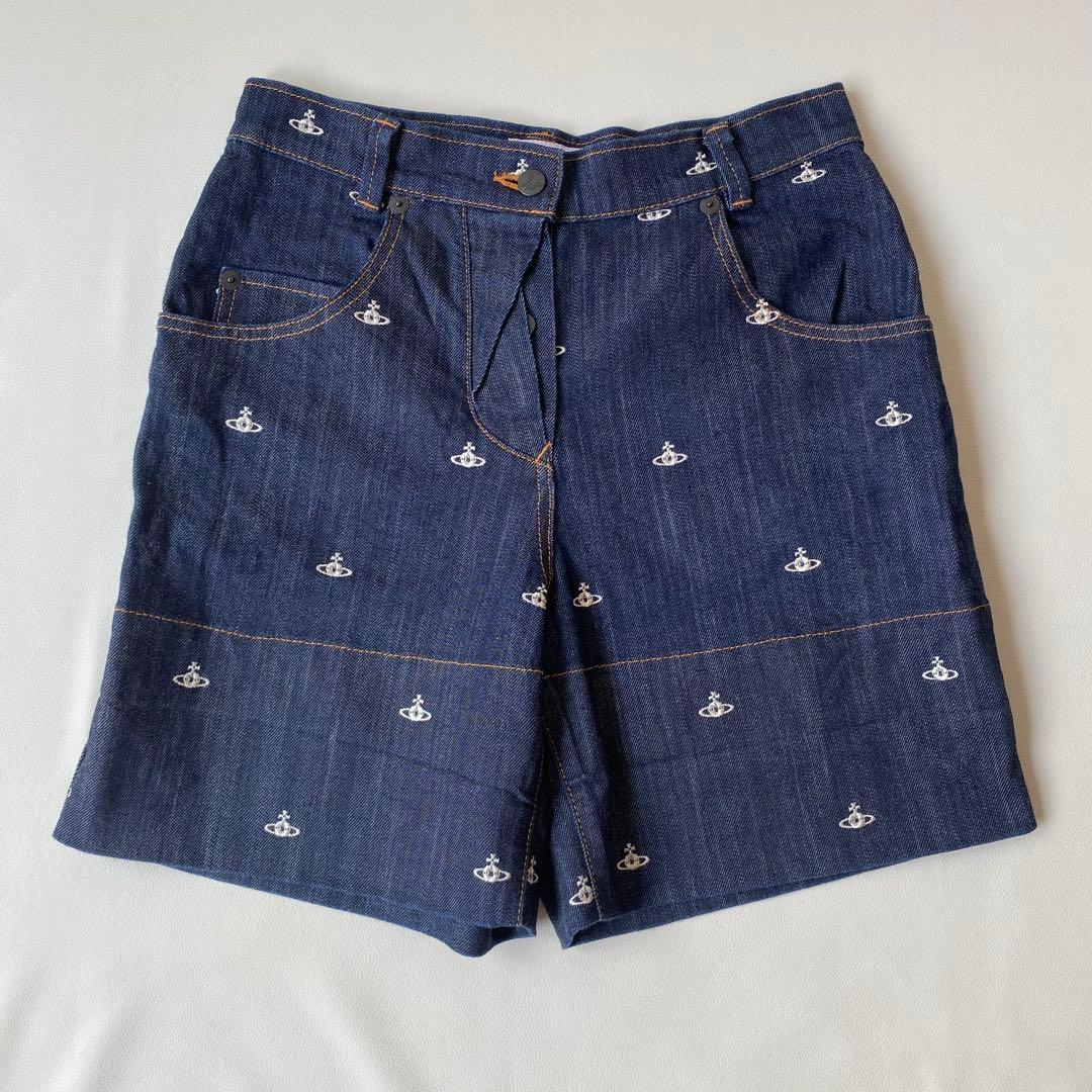 【美品】ヴィヴィアンウエストウッド　ハーフパンツ　オーブ刺繍　オーブ総柄　デニム