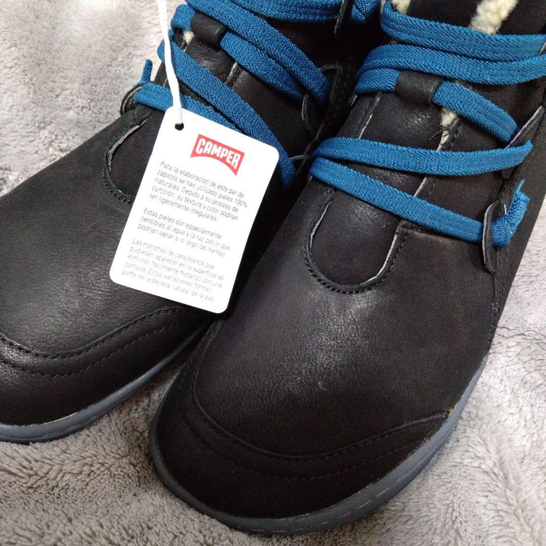 新品未使用　CAMPPER ブラックムートンブーツ　アクセントブルー