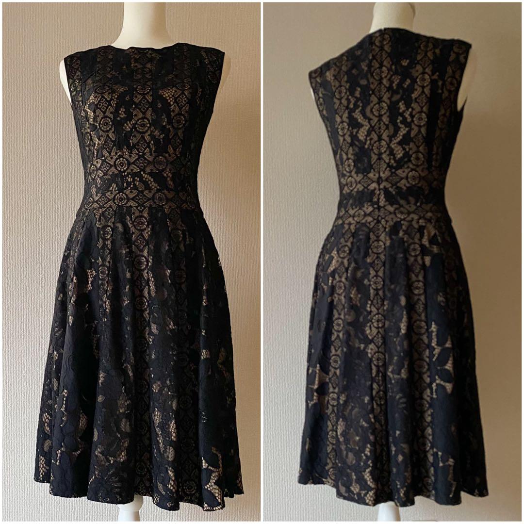 美品　TADASHI SHOJI カットワーク　ノースリーブワンピース　黒　花柄