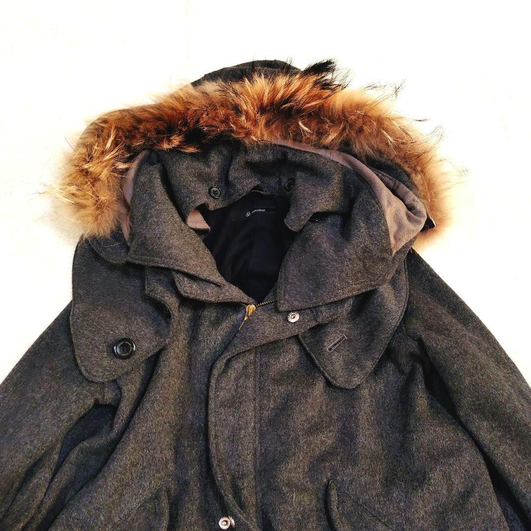 ジョンブル カシミヤ混 ウール モッズコート ラクーンファー グレー フード着脱