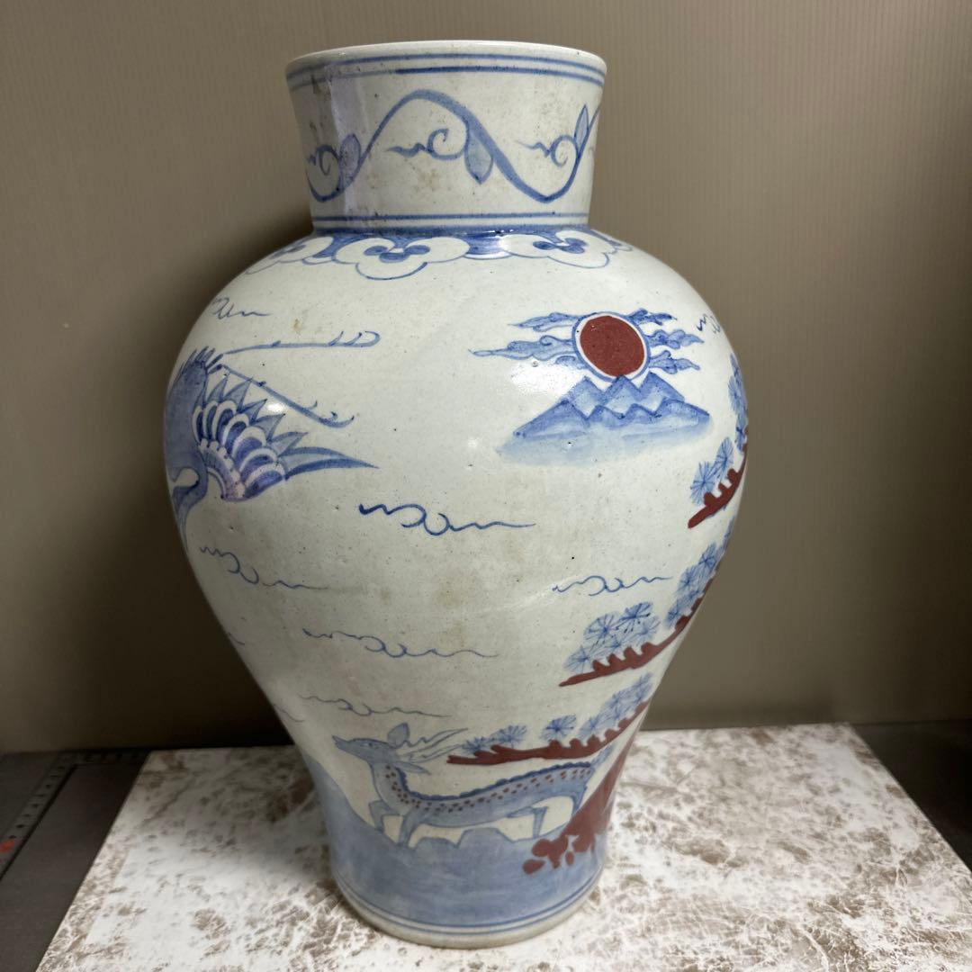 李朝、白磁、辰砂、鹿、鶴、亀図、大壺。