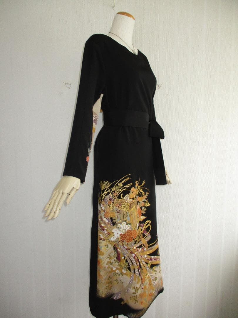 Ｌ～2Ｌサイズ　黒留袖からの着物リメイクドレスです 　着丈１２２cm