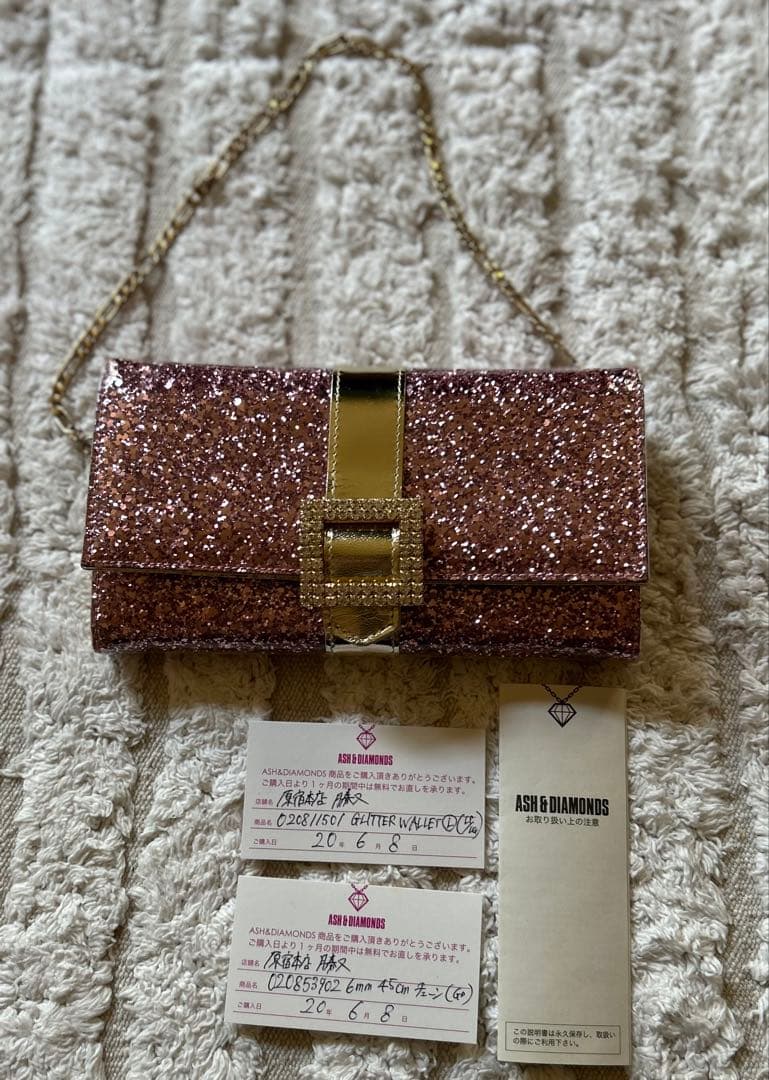 新品 ASH & DIAMONDS 長財布 ピンクグリッター　ストラップ付