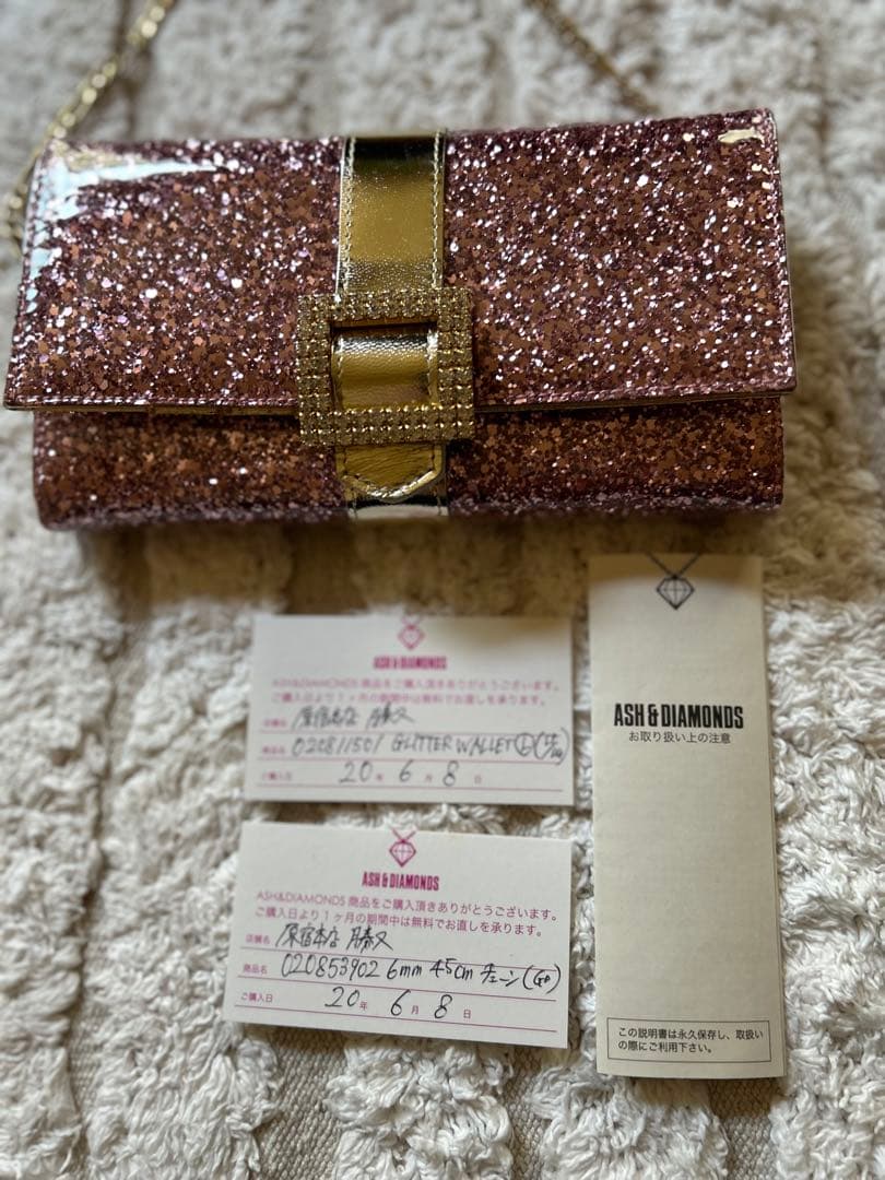 新品 ASH & DIAMONDS 長財布 ピンクグリッター　ストラップ付