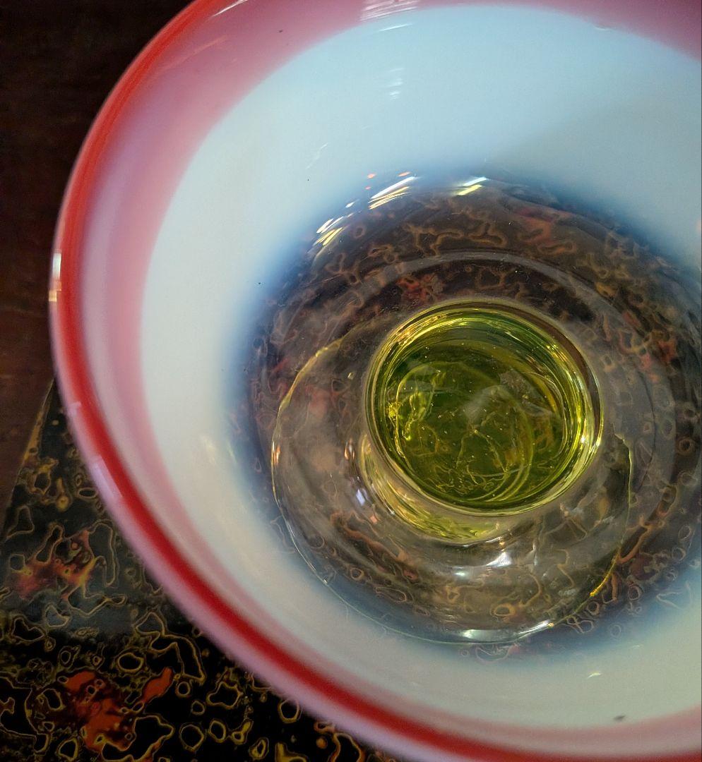 大正時代　三色　 乳白暈ガラス赤縁碗形氷コップ ウランガラス脚