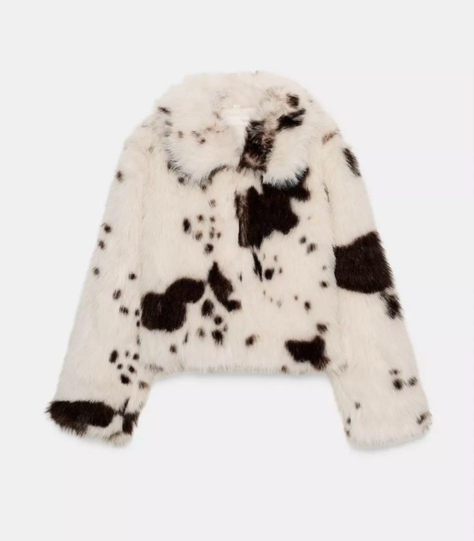 【s】ZARA アニマルプリント　フェイクファーショートコート