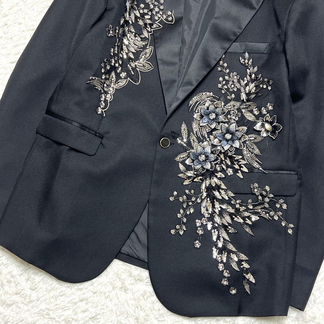 【主役級】ビジュー花柄刺繍 メンズテーラードジャケット XXL ステージ衣装 黒