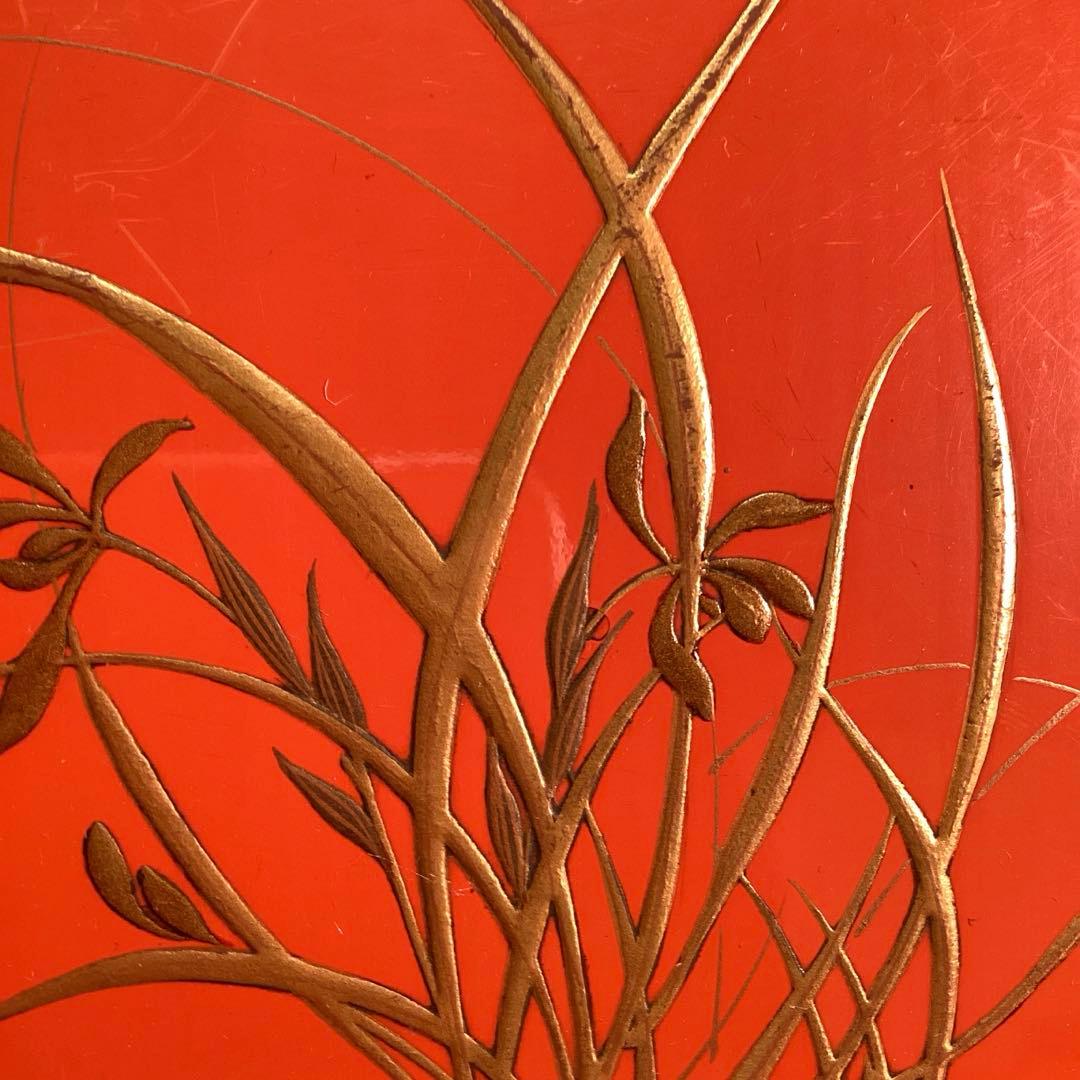 A3014 木製盆　根來　皆朱　隅切　四君子蒔絵　盆　１枚エガ❣️