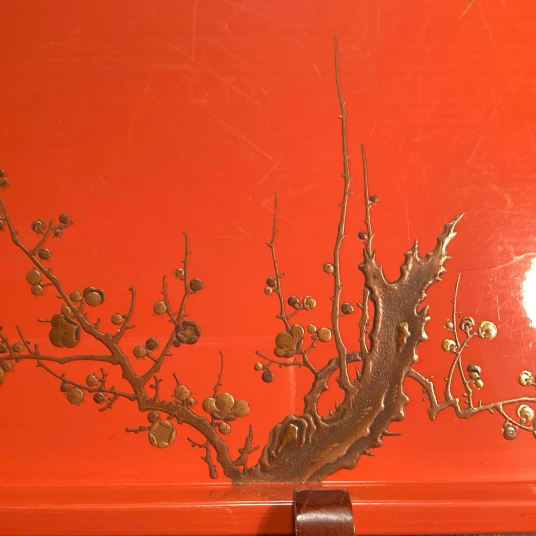 A3014 木製盆　根來　皆朱　隅切　四君子蒔絵　盆　１枚エガ❣️