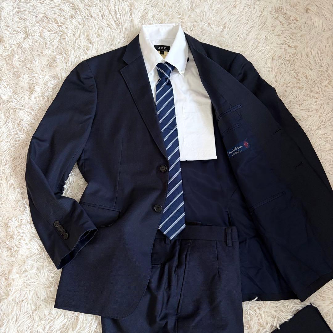 【美品】エルメネジルドゼニア スーツ セットアップ 2B ネイビー L 総裏