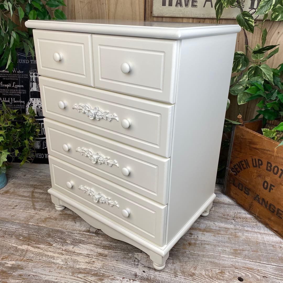 フレンチカントリー北欧調ホワイトチェスト四段五つ引き木製収納タンス飾り棚姫系