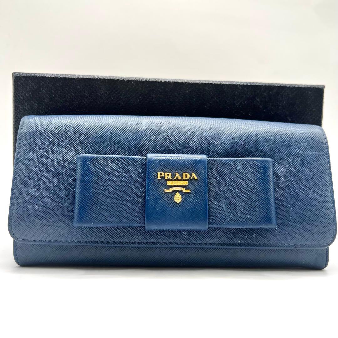 PRADA プラダ サフィアーノ 長財布 二つ折り 青 リボン 人気 フラップ