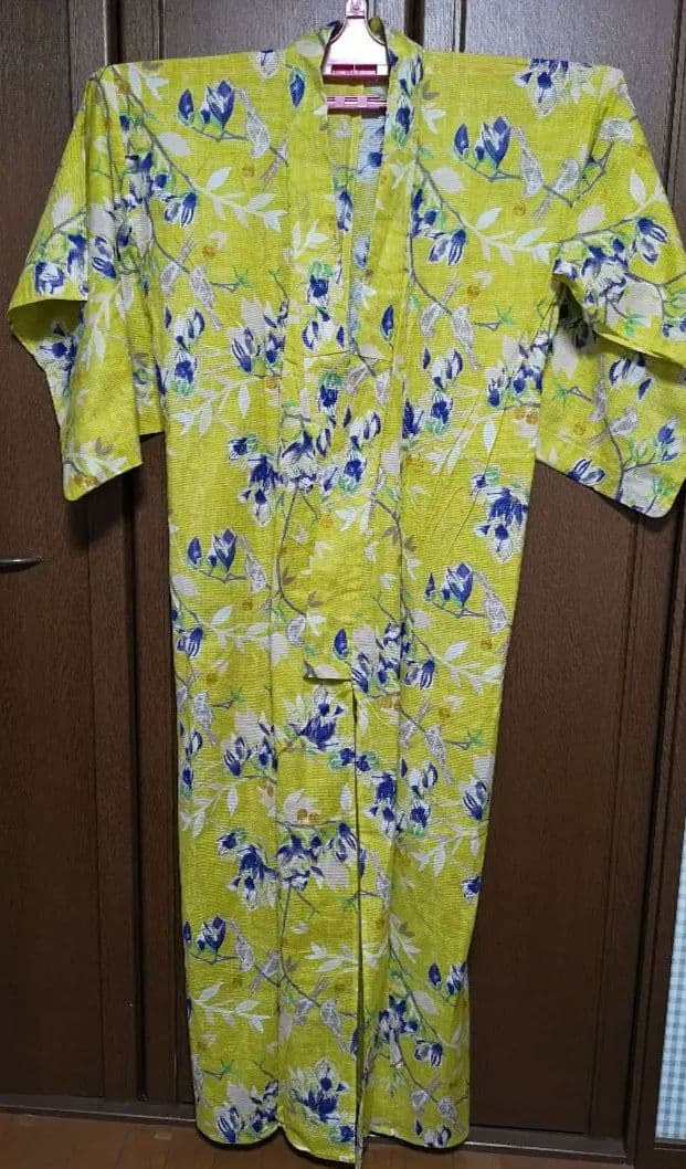 みすゞうた 黄色と青の花柄 『小鳥と鈴と』ブランド浴衣 単品　フリーサイズ