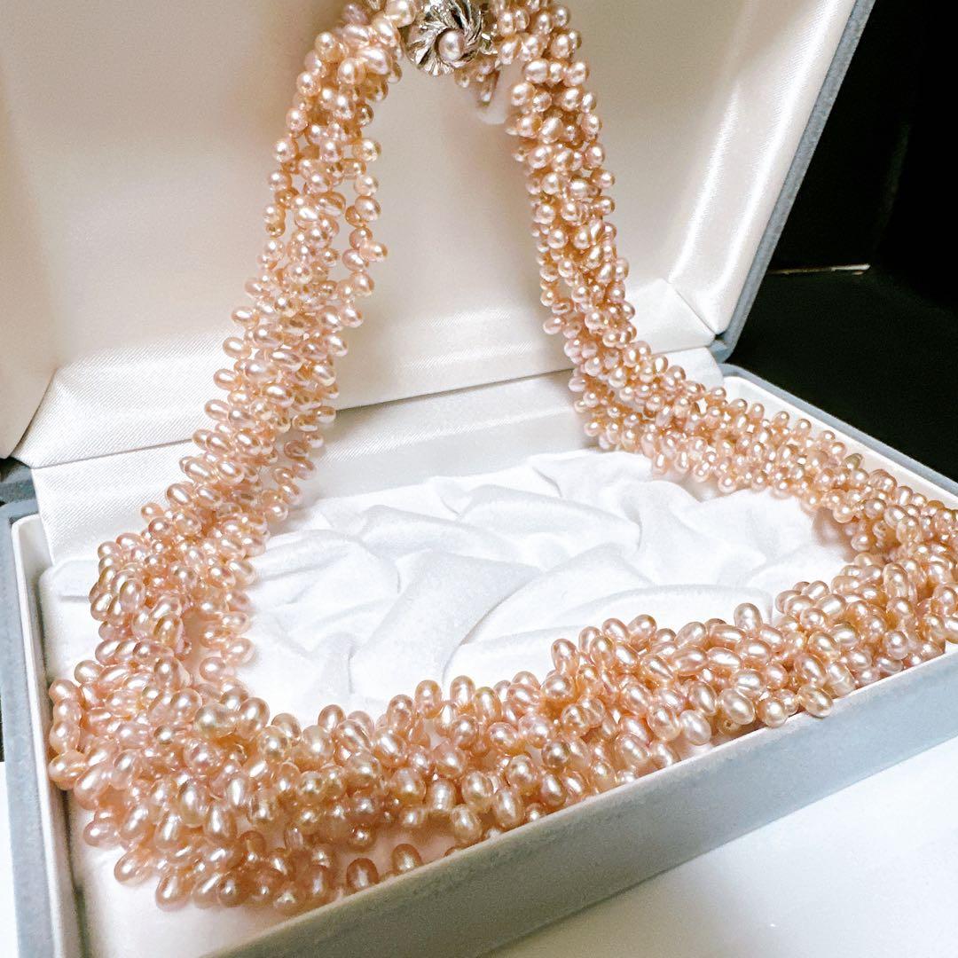 華やか 本真珠 パール 多連 ネックレス SILVER刻印 ピンク