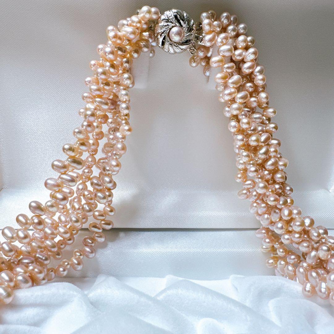 華やか 本真珠 パール 多連 ネックレス SILVER刻印 ピンク