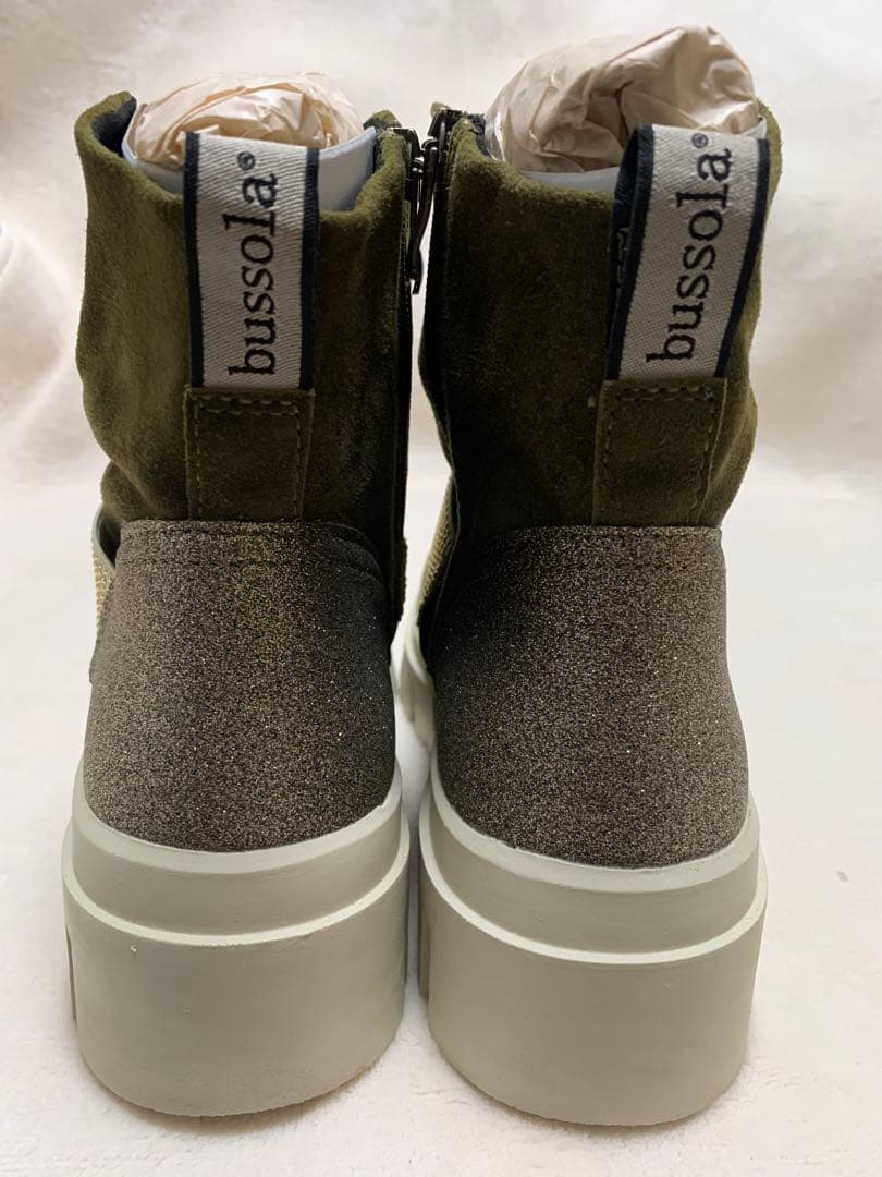 新品 bussola 撥水 山羊革 ラインストーンベルト ギャザー厚底ブーツ①