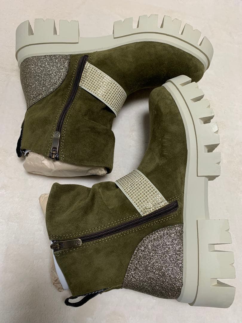 新品 bussola 撥水 山羊革 ラインストーンベルト ギャザー厚底ブーツ①