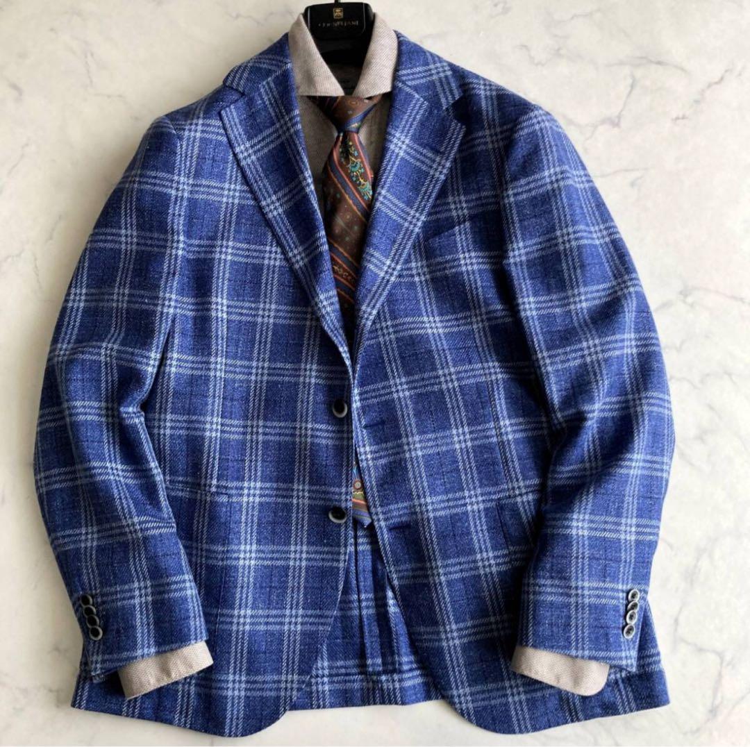【限定】ロロピアーナ　ブルーネイビー ウィンドウペン ジャケット　シルク　リネン