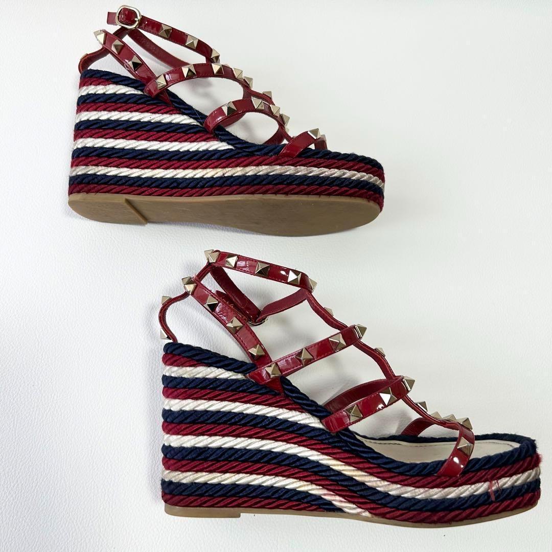 高級＊ヴァレンティノ ロックスタッズ カーフスキン ストラップウェッジサンダル