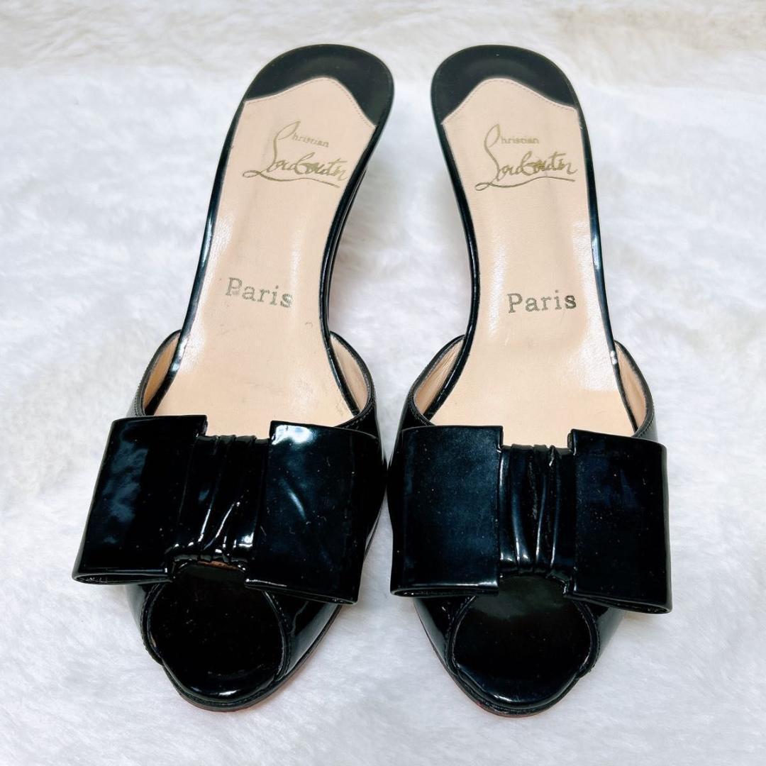 極美品☆箱保存袋付☆クリスチャンルブタン ミュール ブラック エナメル リボン