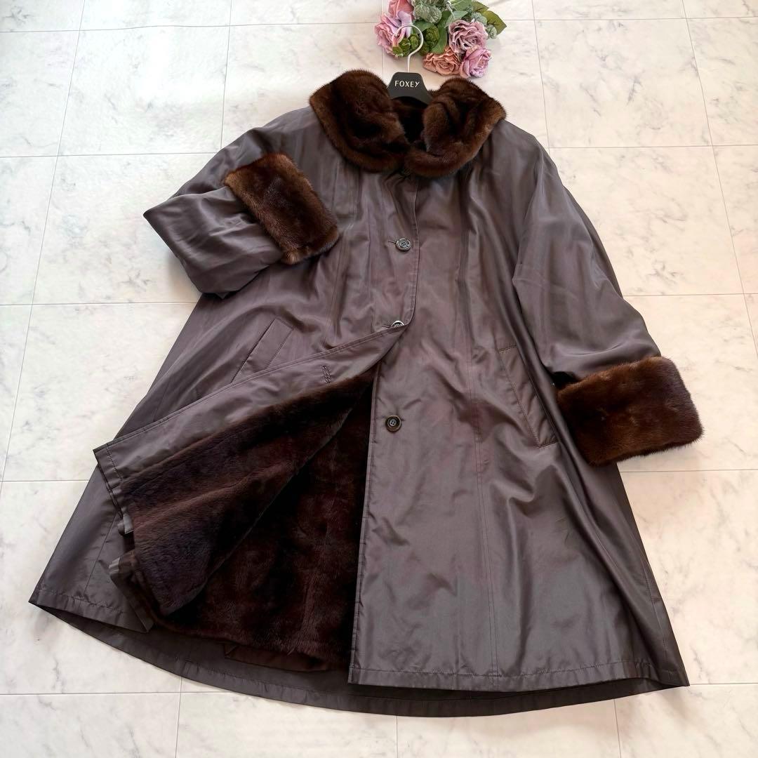 デミバフミンク トリミング 毛皮ライナー付き ロングコート Aライン 女優襟