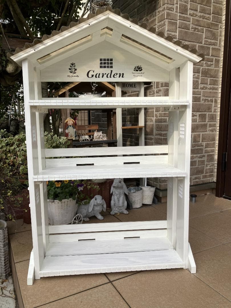 No13 ばーちゃん三角屋根、植物棚幅 ワイド　 white仕上げ　3段